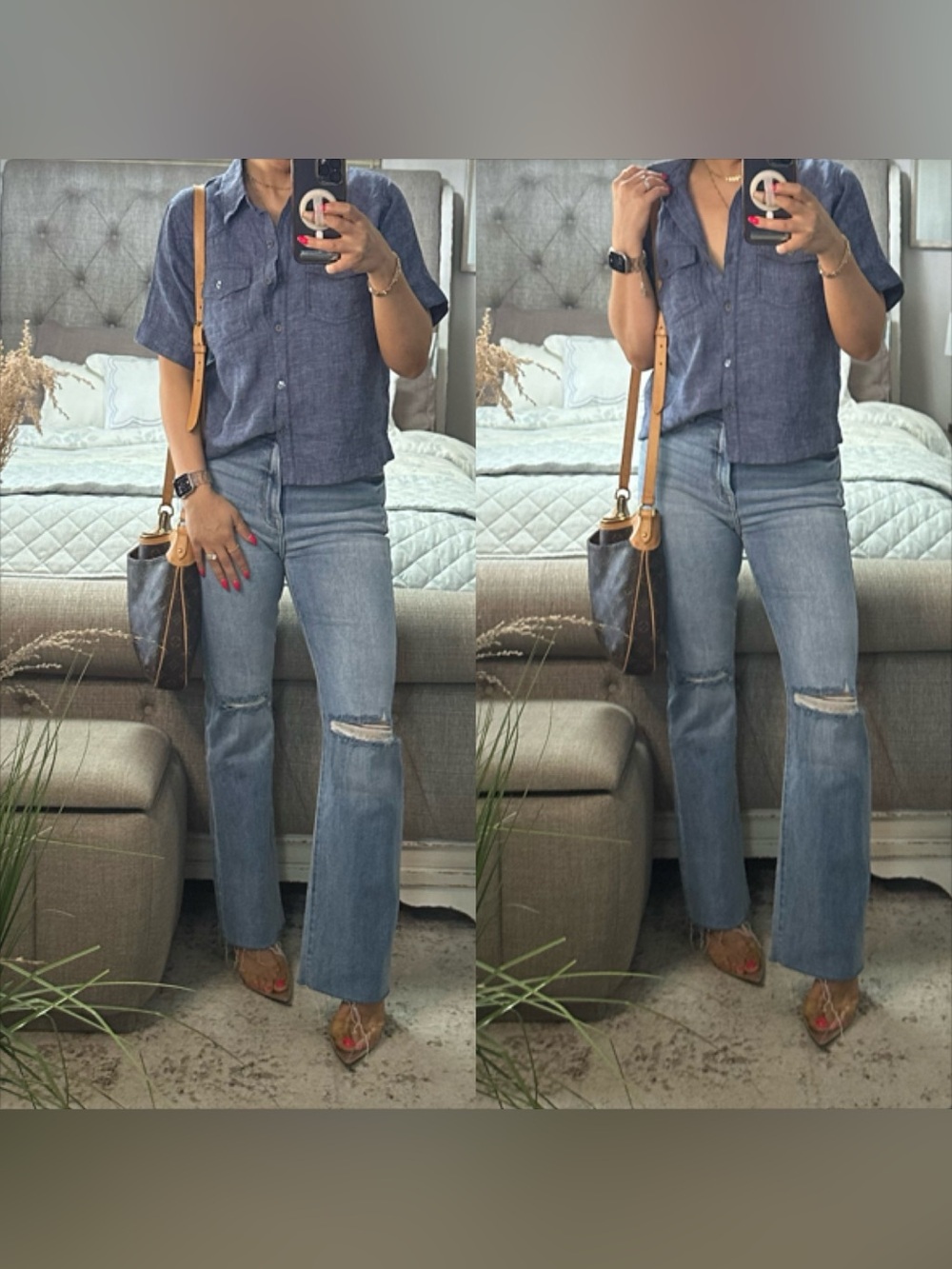 New🌺 Navy Linen Blend Button Front Top